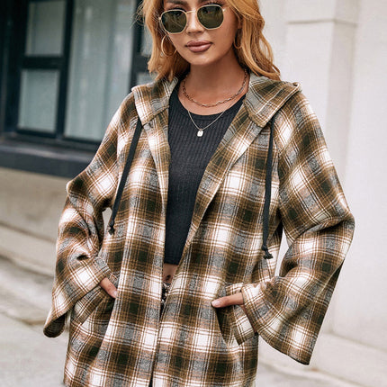 Ivy Lane Pocketed Plaid Long Sleeve Hooded Jacket