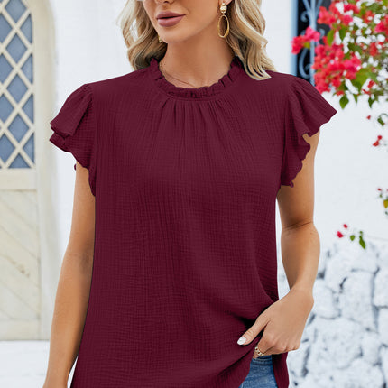 Ruffled Round Neck Cap Sleeve Blouse