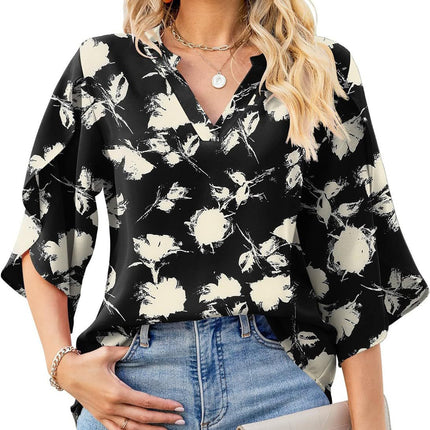 Printed Notched Half Sleeve Blouse