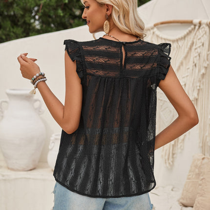 Ruffled Round Neck Cap Sleeve Blouse