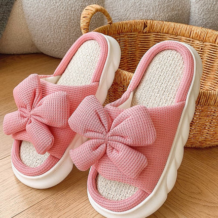 Bow Waffle-Knit Platform Slippers