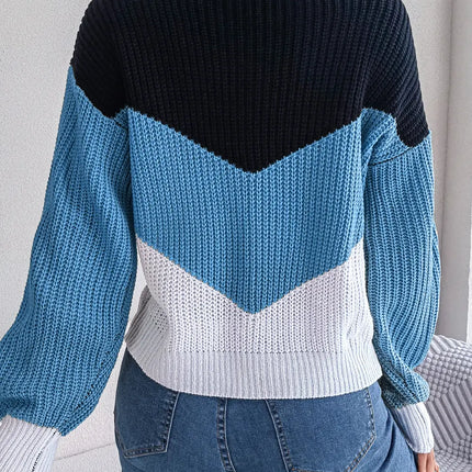 Autumn Winter Color Contrast Women's Sweater Casual Knitted Long Sleeve Top Fashion V-neck Pullovers Loose New In Knitwears 2023