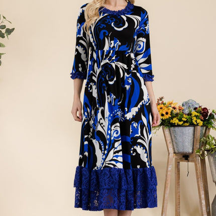 Celeste Full Size Paisley Print Lace Ruffled Midi Dress