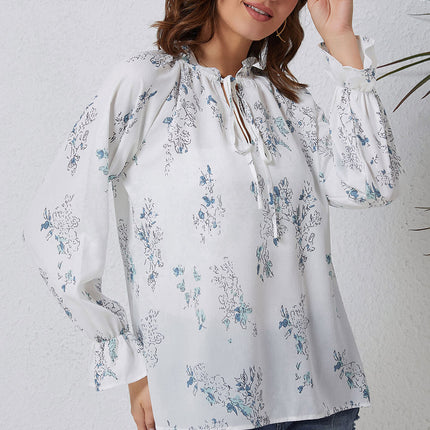 Double Take Floral Tie Neck Flounce Sleeve Blouse