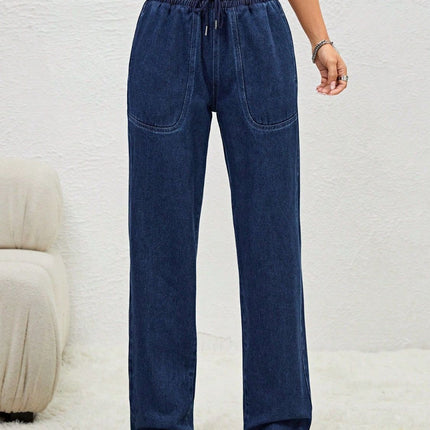 Drawstring Elastic Waist Jeans with Pockets