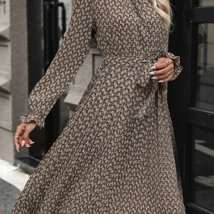 Perfee Printed Mock Neck Flounce Sleeve Dress