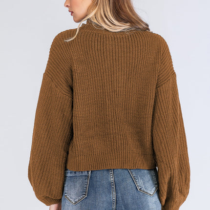 Double Take Turtleneck Rib-Knit Dropped Shoulder Sweater