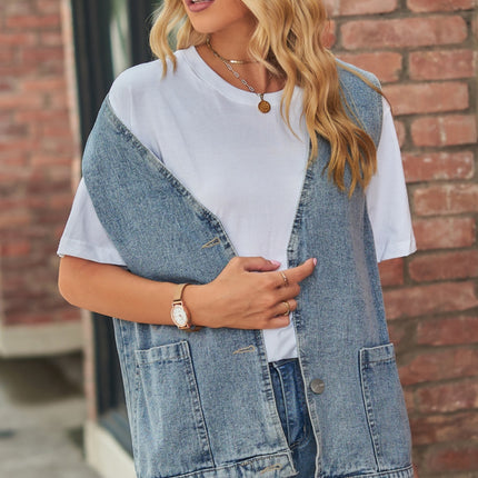 Full Size V-Neck Button Up Denim Vest