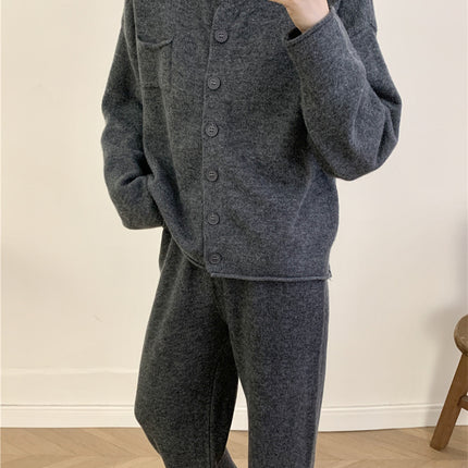 Pocketed Round Neck Button Up Cardigan and Pants Sweater Set