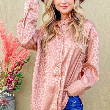 And The Why Satin Leopard Button Up Curved Hem Shirt