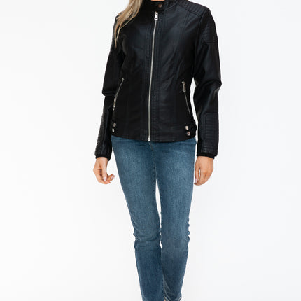 Snobbish Faux Leather Biker Jacket with Side Zip Pockets