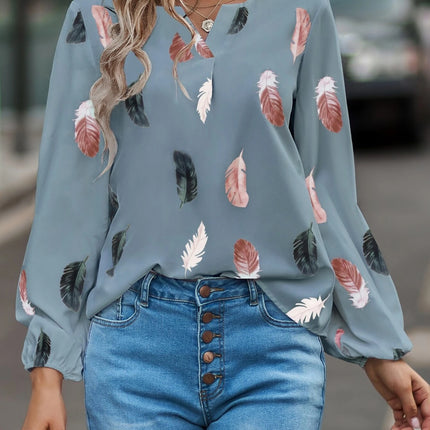 Feather Print Notched Balloon Sleeve Top