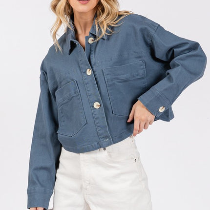 bytos Button Down Cropped Denim Jacket with Patch Pockets