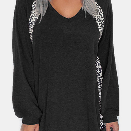 Full Size Leopard V-Neck Long Sleeve T-Shirt