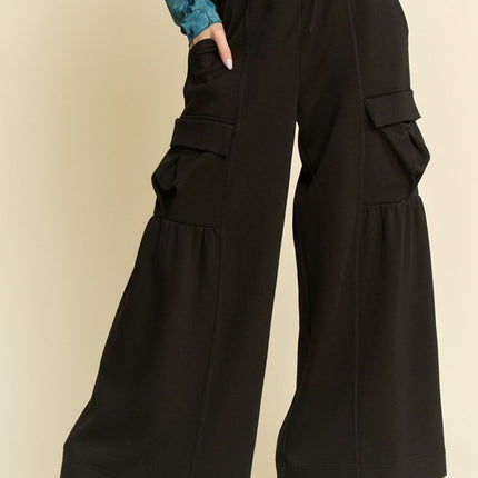 Davi & Dani Drawstring Ruched Detail Wide Leg Pants