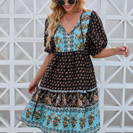 Printed Tie Neck Half Sleeve Dress