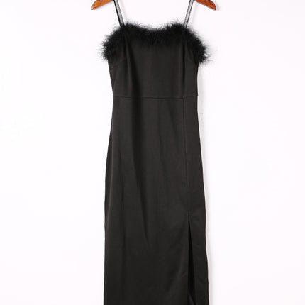 Slit Plush Trim Spaghetti Strap Dress