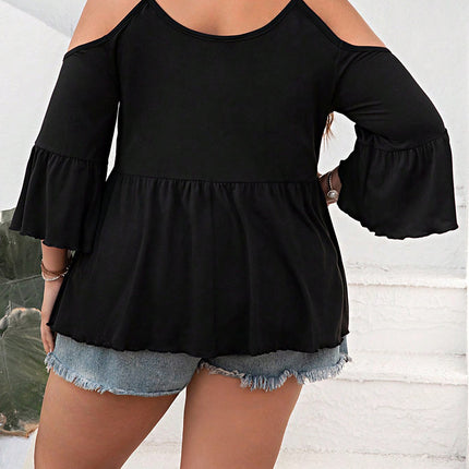 Plus Size Cold Shoulder Flounce Sleeve Blouse