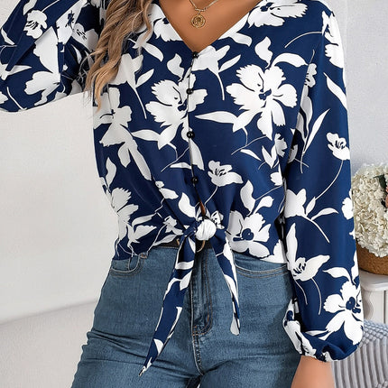 Printed V-Neck Long Sleeve Blouse