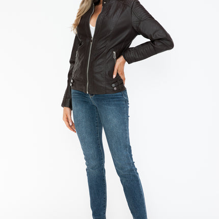 Snobbish Faux Leather Biker Jacket with Side Zip Pockets