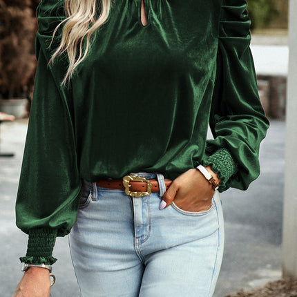 Tie Up Mock Neck Velvet Fabric Long Sleeve Blouse