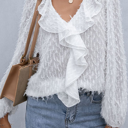 Double Take Ruffle Hem Fringe V-Neck Balloon Sleeve Blouse