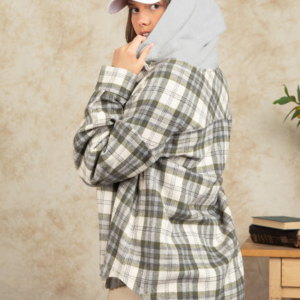 Drawstring Plaid Long Sleeve Hooded Jacket