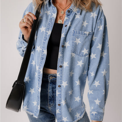 Raw Hem Star Collared Neck Denim Top