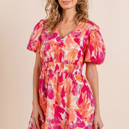 BiBi Floral V-Neck Puff Sleeve Mini Dress