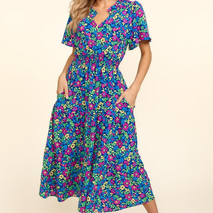 Haptics Printed Notched Short Sleeve Dress with Pockets