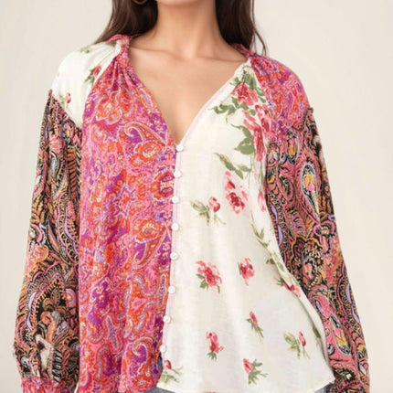 Frill Floral Shirred Cuff Long Sleeve Blouse