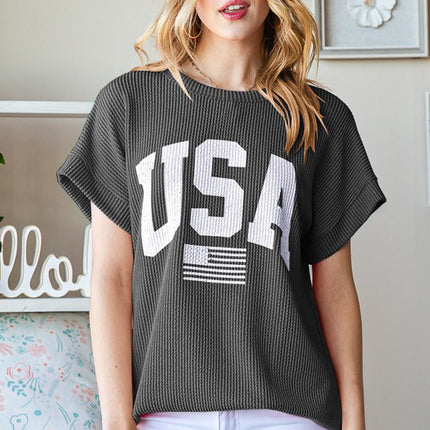 Heimish Full Size USA Graphic Short Sleeve Ribbed Top
