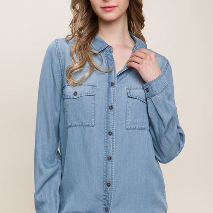 Love Tree Scooped Hem Button Up Denim Shirt