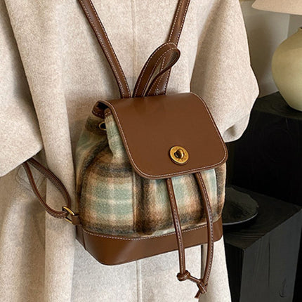 PU Leather Drawstring Plaid Backpack Bag