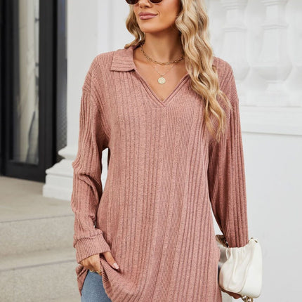 Slit Johnny Collar Long Sleeve T-Shirt