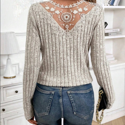 Lace Detail V-Neck Long Sleeve T-Shirt