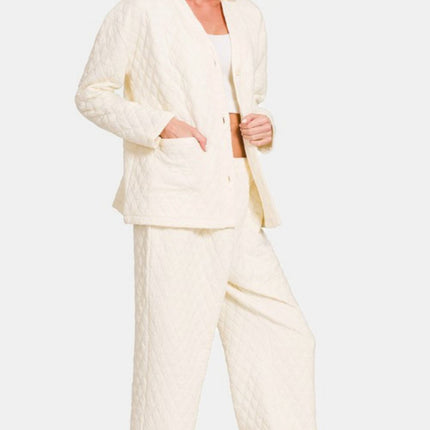 Zenana Quilted Button Up Long Sleeve Top and Pants Lounge Set