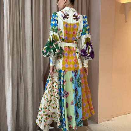 2023 Autumn Print Holiday Women Beach Dress With Belts A-line Long Lantern Sleeve Single Breasted Lapel Seaside Dresses Robe