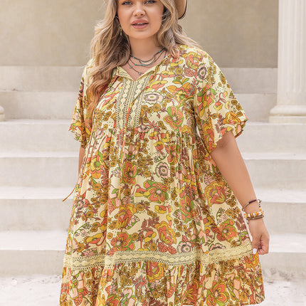 Plus Size Printed Tie Neck Short Sleeve Mini Dress