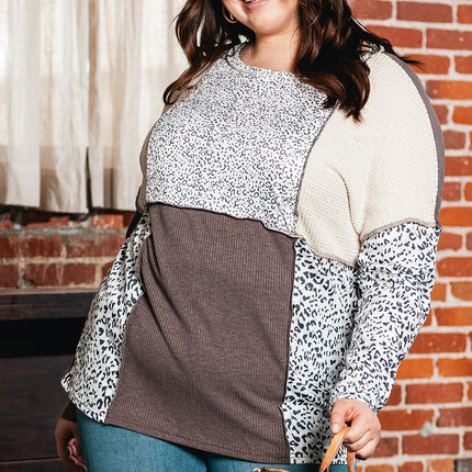 Plus Size Leopard Round Neck Sweatshirt