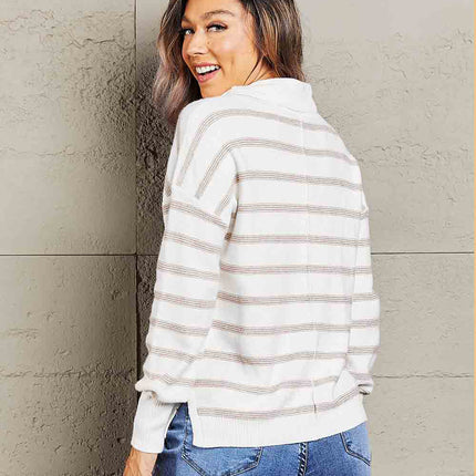 Double Take Cowl Neck Drawstring Dropped Shoulder Striped Print Blouse