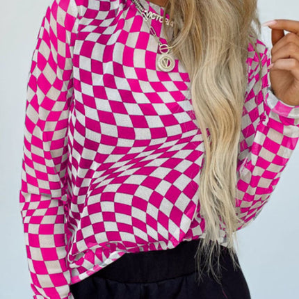 Checkered Mock Neck Long Sleeve Blouse