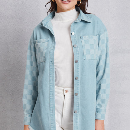 Raw Hem Checkered Dropped Shoulder Denim Jacket