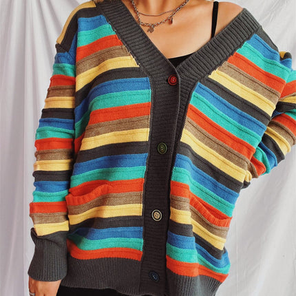 Contrast Stripes Button Up Long Sleeve Cardigan