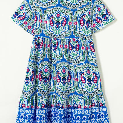 Printed Tie Neck Short Sleeve Dress