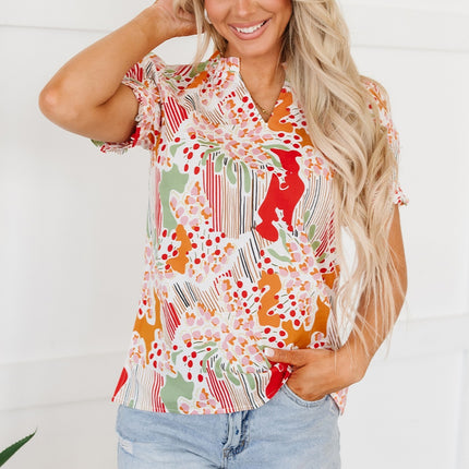 Printed Notched Short Sleeve Blouse