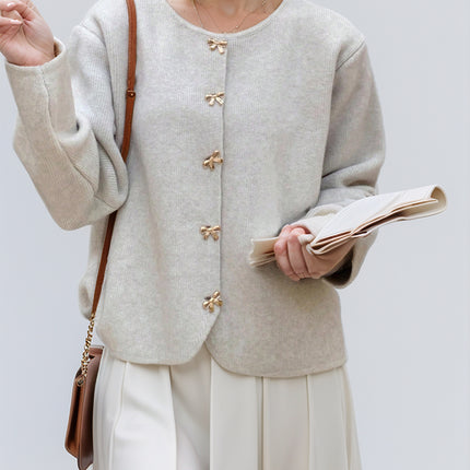 Bow Button Down Round Neck Long Sleeve Cardigan