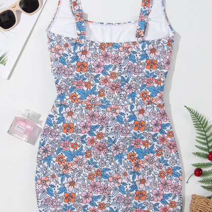 Drawstring Printed Wide Strap Swim Dress