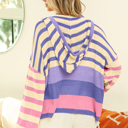 BiBi Striped Color Block  Hooded Knit Top