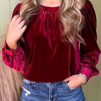 Ruched Round Neck Long Sleeve Blouse